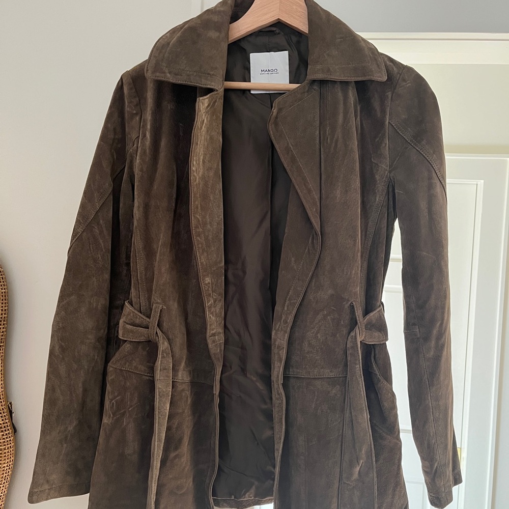 Mango Olive Suede Belted Wrap Jacket - Picture 2 of 4